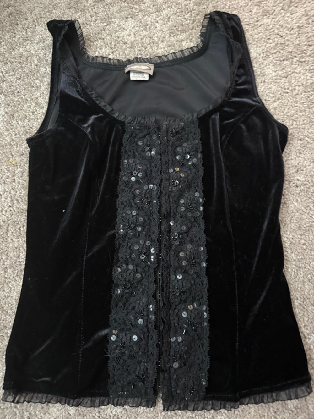 rave Black Velvet Camisole with Sequin Lace Panel